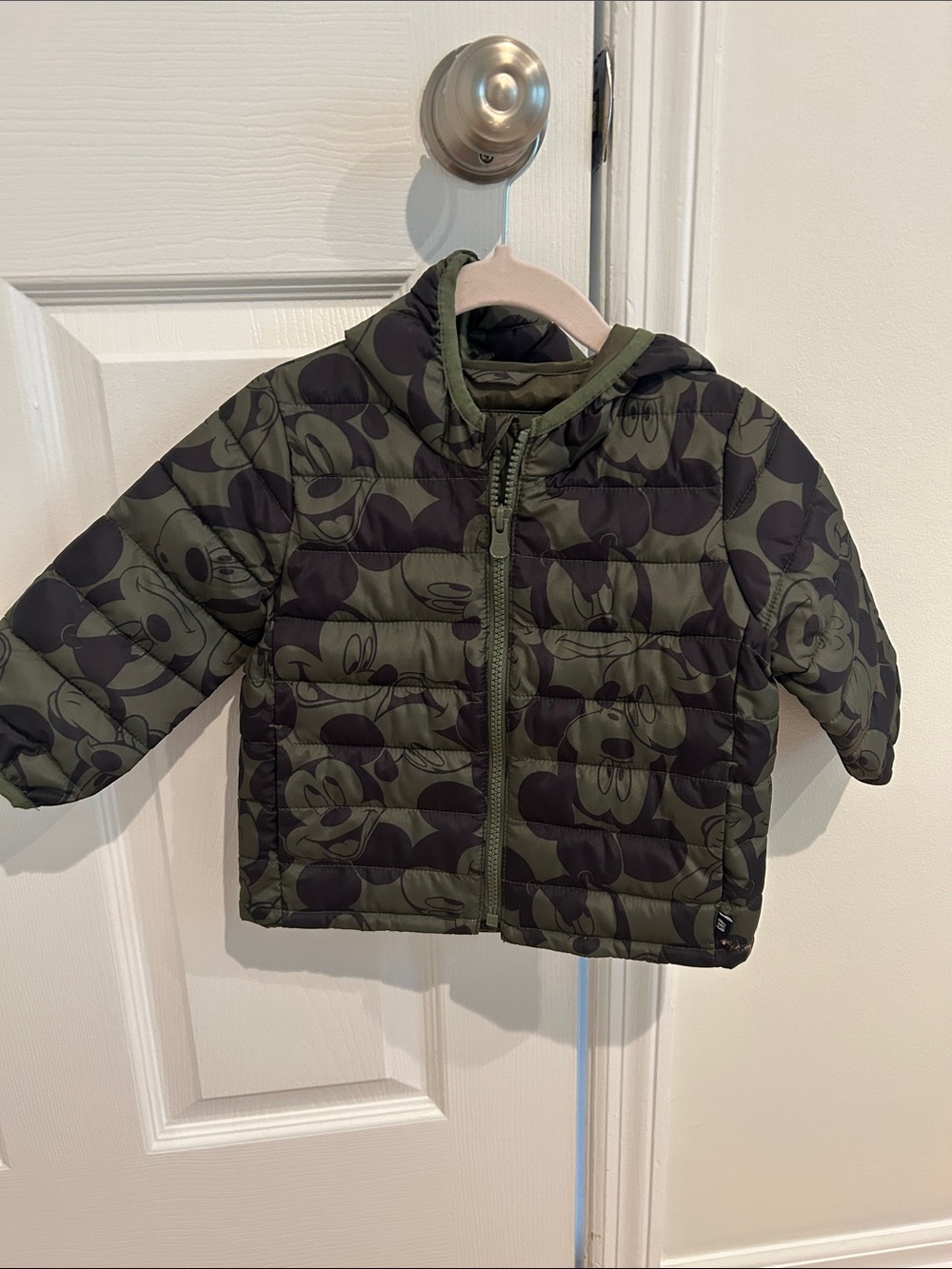 GAP- Kids Olive Green Mickey Print Puffer Jacket